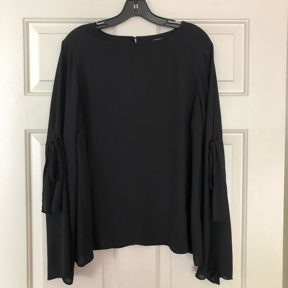 Who What Wear Black Blouse Bell Sleeve Bow Detail